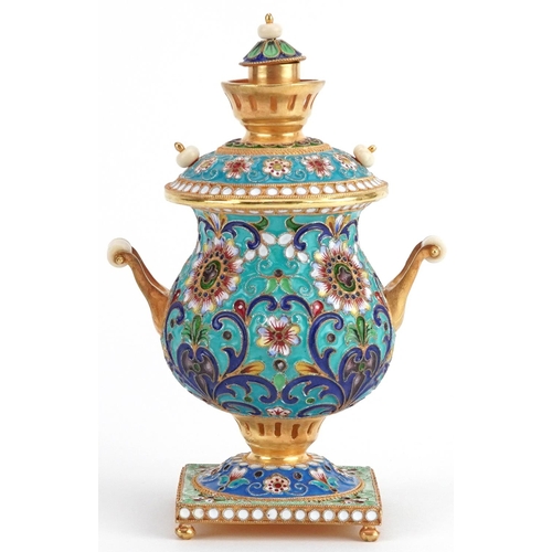 1129 - Miniature silver gilt and enamel samovar, impressed Russian marks to the base, 10cm high, 155.0g