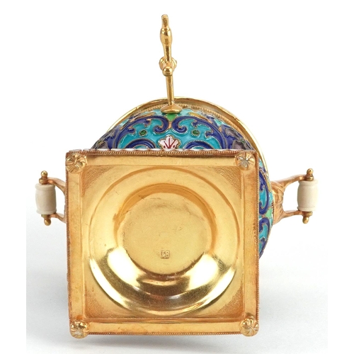 1129 - Miniature silver gilt and enamel samovar, impressed Russian marks to the base, 10cm high, 155.0g