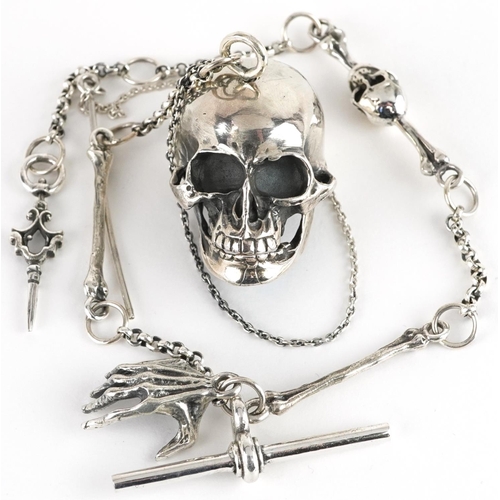 2636 - Sterling silver Steampunk human skull design watch chain with opening skull trinket and T bar, 32cm ... 