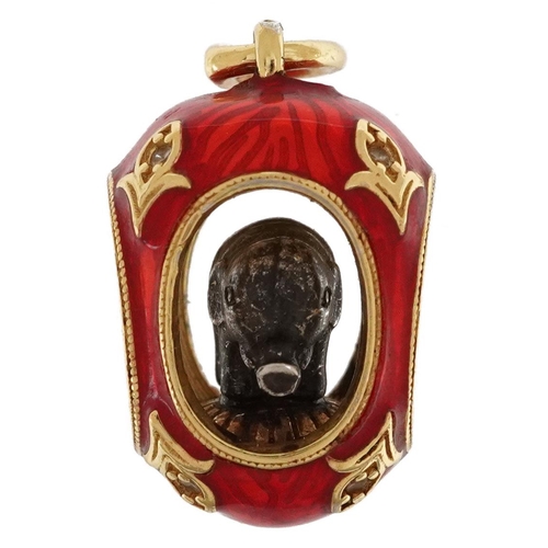 2610 - Silver gilt and guilloche enamel elephant egg pendant set with clear stones, 2.2cm high, 8.3g