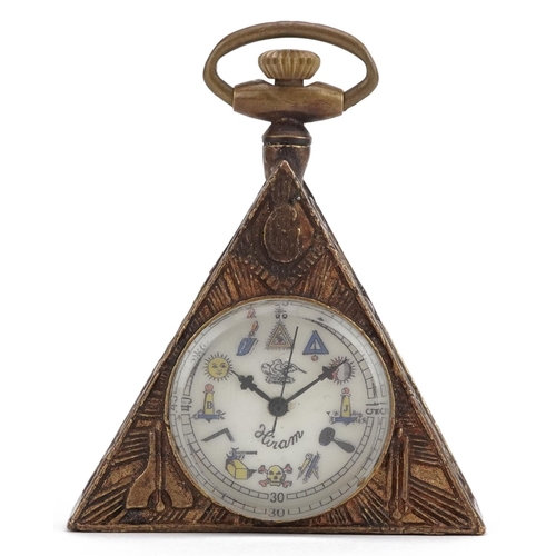 2829 - Masonic interest gilt brass triangular pocket watch, 6cm high