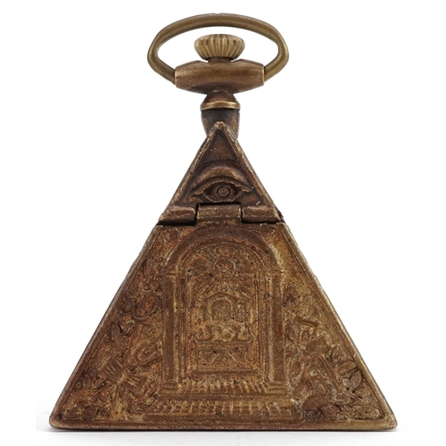 2829 - Masonic interest gilt brass triangular pocket watch, 6cm high