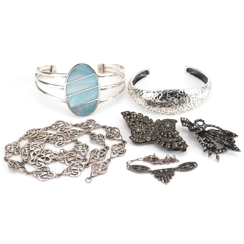 2703 - Silver and white metal jewellery including Art Deco style necklace, marcasite brooches and cuff bang... 