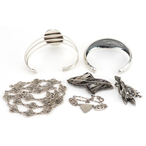 2703 - Silver and white metal jewellery including Art Deco style necklace, marcasite brooches and cuff bang... 