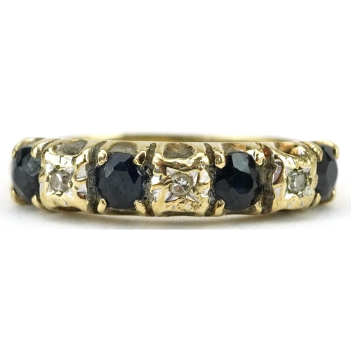 2162 - 9ct gold sapphire and diamond half eternity ring, size J, 1.9g