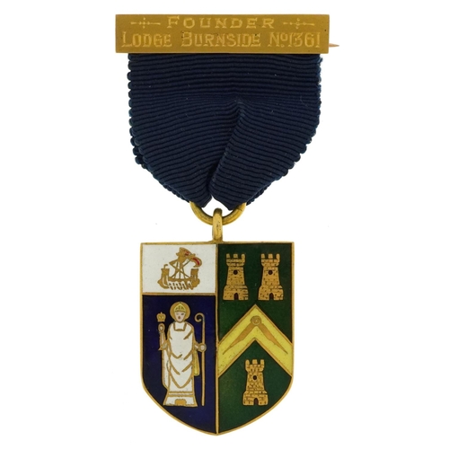 2076 - 9ct gold enamel masonic interest jewel with ribbon and bar engraved Founder Lodge Burnside no 1361, ... 