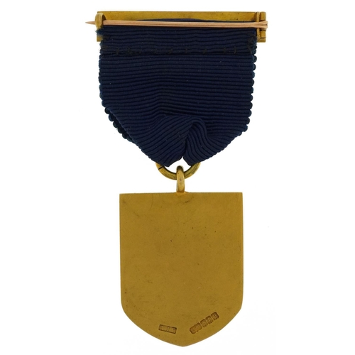 2076 - 9ct gold enamel masonic interest jewel with ribbon and bar engraved Founder Lodge Burnside no 1361, ... 