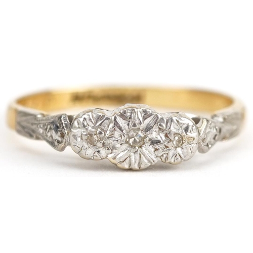 2160 - 18ct gold and platinum diamond three stone ring, size M, 2.5g