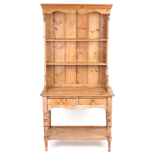 1022 - Victorian slim stripped pine dresser with open plate rack above two frieze drawers and under tier, 1... 