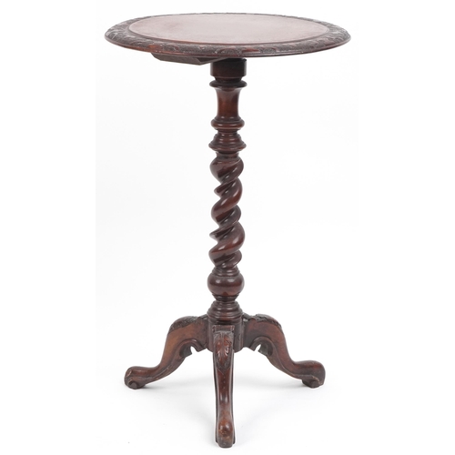 1025 - Victorian mahogany barley twist tripod occasional table with floral carved knees, 73cm high x 45cm i... 