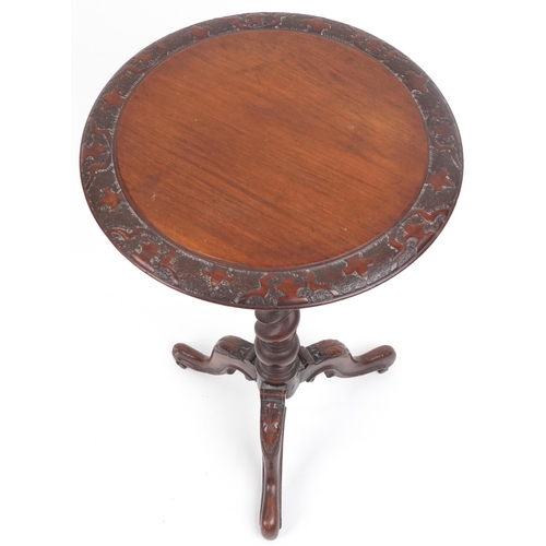 1025 - Victorian mahogany barley twist tripod occasional table with floral carved knees, 73cm high x 45cm i... 