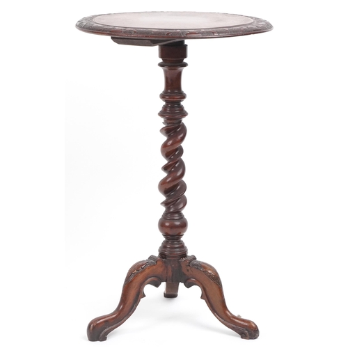 1025 - Victorian mahogany barley twist tripod occasional table with floral carved knees, 73cm high x 45cm i... 