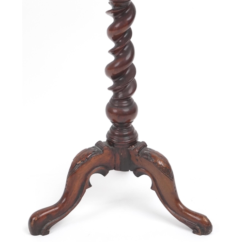 1025 - Victorian mahogany barley twist tripod occasional table with floral carved knees, 73cm high x 45cm i... 