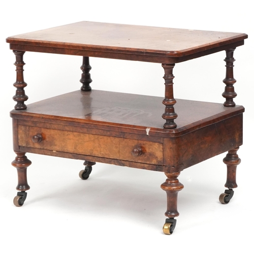 1006 - Victorian burr walnut two tier stand with frieze drawer and turned supports, 50cm H x 59cm W x 40cm ... 