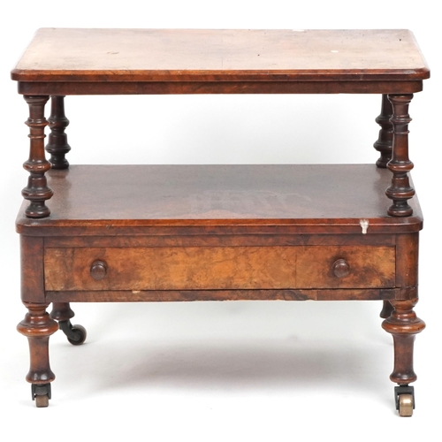 1006 - Victorian burr walnut two tier stand with frieze drawer and turned supports, 50cm H x 59cm W x 40cm ... 