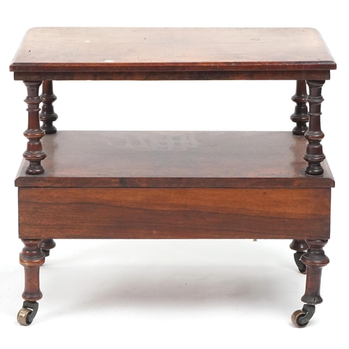 1006 - Victorian burr walnut two tier stand with frieze drawer and turned supports, 50cm H x 59cm W x 40cm ... 