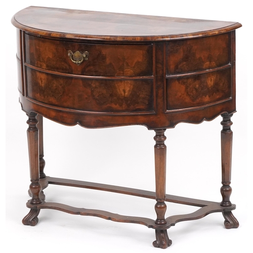 1013 - Burr walnut demi lune side cabinet with three drawers and serpentine stretcher, 78cm H x 90cm W x 45... 