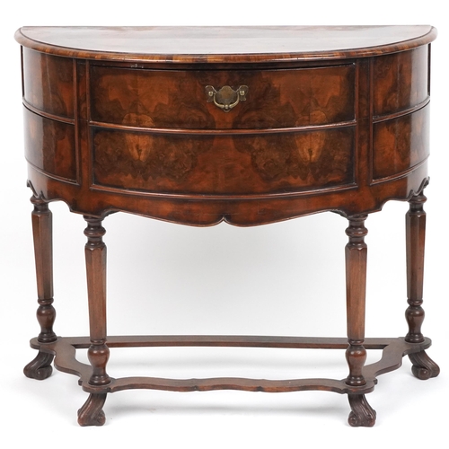 1013 - Burr walnut demi lune side cabinet with three drawers and serpentine stretcher, 78cm H x 90cm W x 45... 