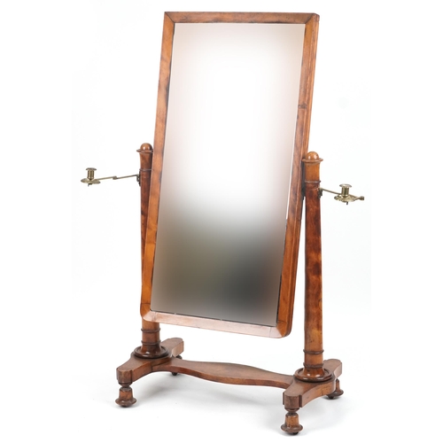 1002 - Victorian walnut cheval mirror with adjustable brass candle sconces, 150cm high