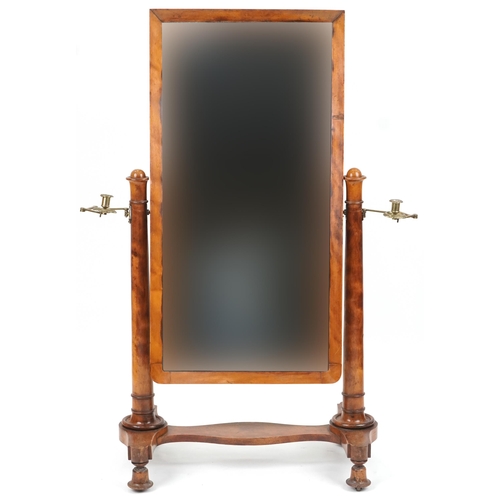 1002 - Victorian walnut cheval mirror with adjustable brass candle sconces, 150cm high