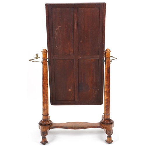 1002 - Victorian walnut cheval mirror with adjustable brass candle sconces, 150cm high