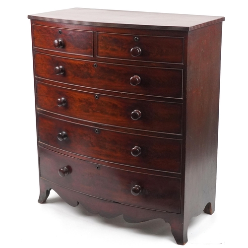 1024 - Victorian mahogany bow front six drawer chest with bracket feet, 120.5cm H x 106cm W x 54cm D