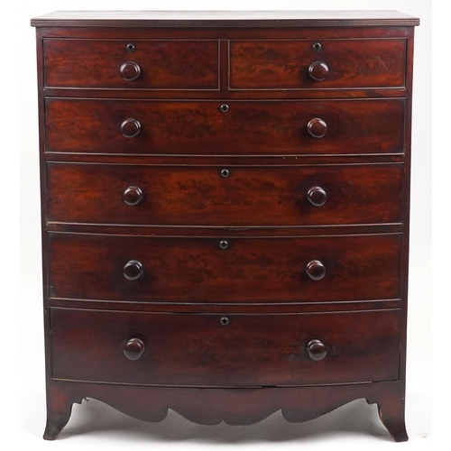 1024 - Victorian mahogany bow front six drawer chest with bracket feet, 120.5cm H x 106cm W x 54cm D