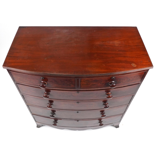 1024 - Victorian mahogany bow front six drawer chest with bracket feet, 120.5cm H x 106cm W x 54cm D