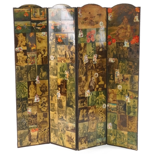 1026 - Victorian decoupage four fold room divider dressing screen, 168cm high x 160cm wide