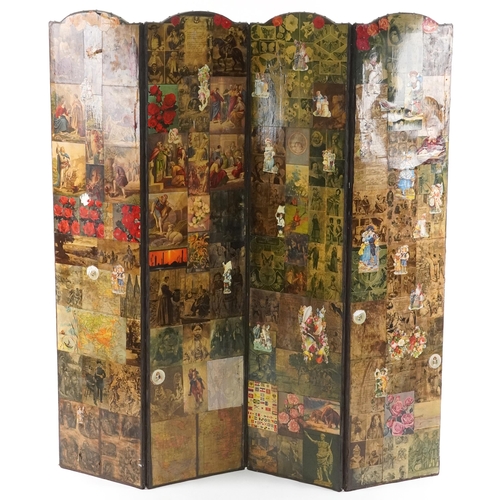 1026 - Victorian decoupage four fold room divider dressing screen, 168cm high x 160cm wide