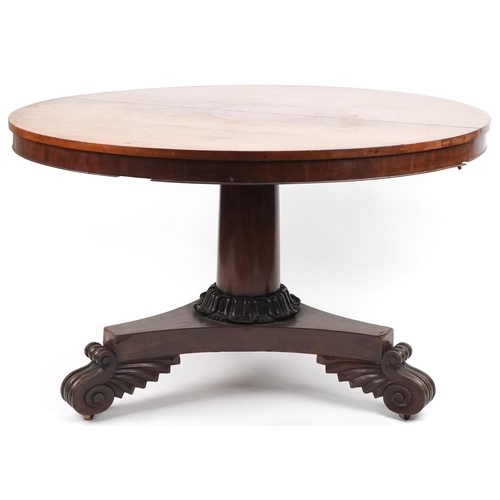 1069 - Victorian mahogany tilt top breakfast table with scroll feet, 74cm high x 120cm in diameter