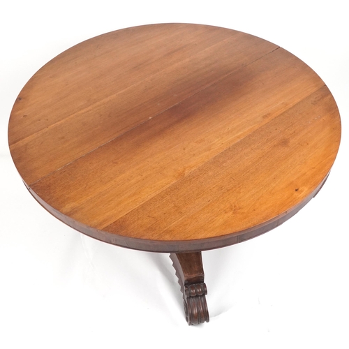 1069 - Victorian mahogany tilt top breakfast table with scroll feet, 74cm high x 120cm in diameter