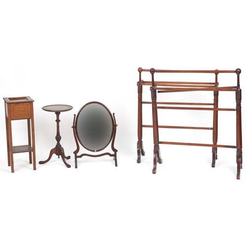 1029 - Occasional furniture including two Victorian mahogany towel rails, swing mirror and tripod wine tabl... 