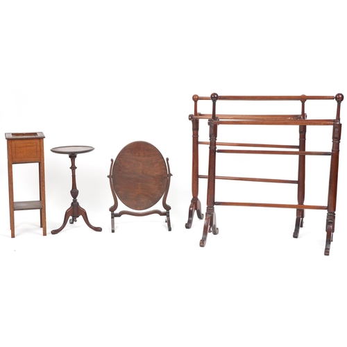 1029 - Occasional furniture including two Victorian mahogany towel rails, swing mirror and tripod wine tabl... 