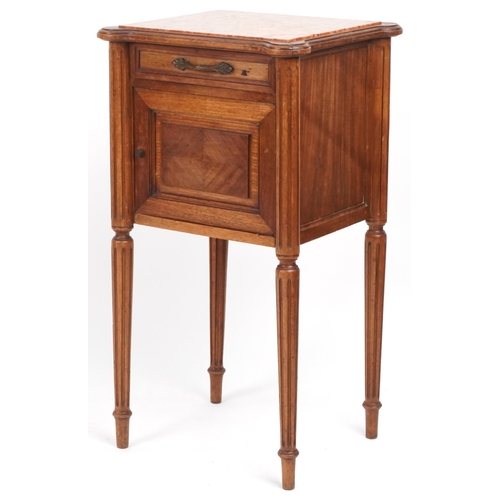 1048 - French walnut nightstand with marble top on reeded legs, 82cm H x 45cm W x 40cm D