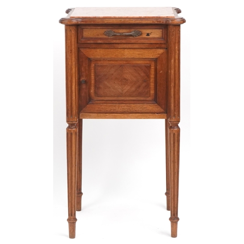 1048 - French walnut nightstand with marble top on reeded legs, 82cm H x 45cm W x 40cm D