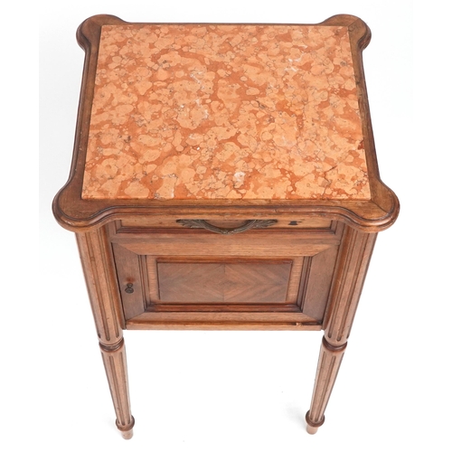 1048 - French walnut nightstand with marble top on reeded legs, 82cm H x 45cm W x 40cm D