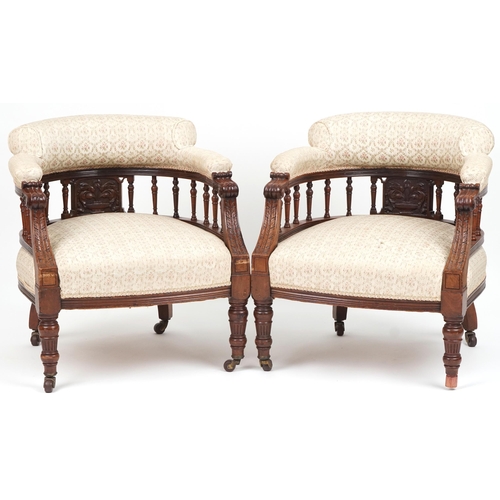 1039 - Pair of carved mahogany framed bedroom chairs with floral upholstery, 70cm high