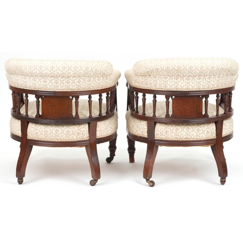 1039 - Pair of carved mahogany framed bedroom chairs with floral upholstery, 70cm high