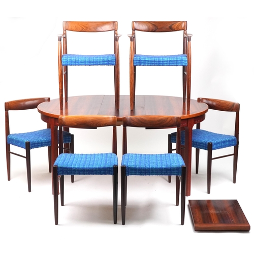 1001 - Bramin, Danish mid century rosewood circular extending dining table with two folding inserts and six... 