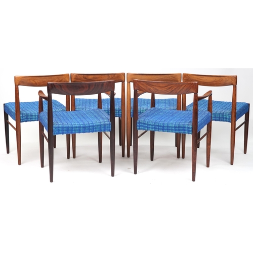 1001 - Bramin, Danish mid century rosewood circular extending dining table with two folding inserts and six... 