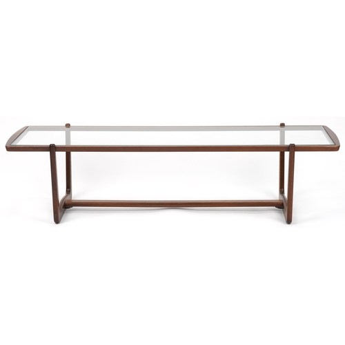 1063 - Scandinavian design mid century teak coffee table with glass top, 38cm H x 155cm W x 45cm D