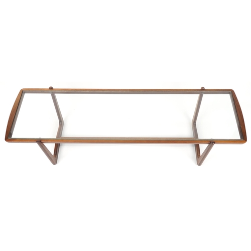 1063 - Scandinavian design mid century teak coffee table with glass top, 38cm H x 155cm W x 45cm D