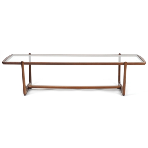 1063 - Scandinavian design mid century teak coffee table with glass top, 38cm H x 155cm W x 45cm D