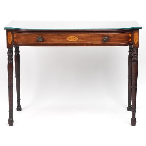 1068 - Inlaid mahogany writing table with frieze drawer, 75cm H x 100cm W x 50cm D