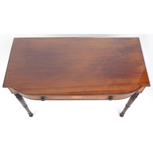 1068 - Inlaid mahogany writing table with frieze drawer, 75cm H x 100cm W x 50cm D