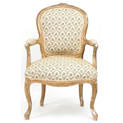 1045 - French gilt framed elbow chair with floral upholstery, 99cm high