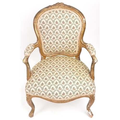 1045 - French gilt framed elbow chair with floral upholstery, 99cm high