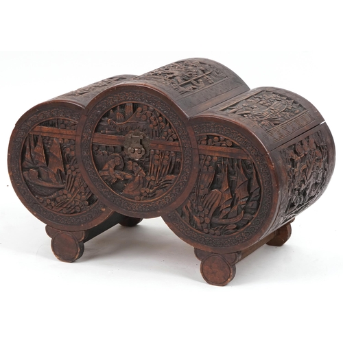 1043 - Chinese camphor wood trunk carved with dragons, figures and junks, 50cm H x 78cm W x 38cm D