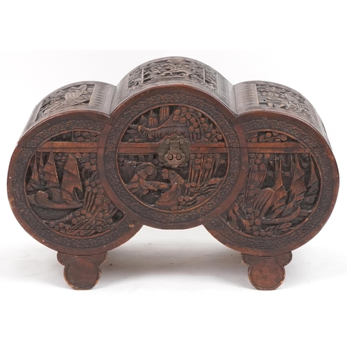 1043 - Chinese camphor wood trunk carved with dragons, figures and junks, 50cm H x 78cm W x 38cm D